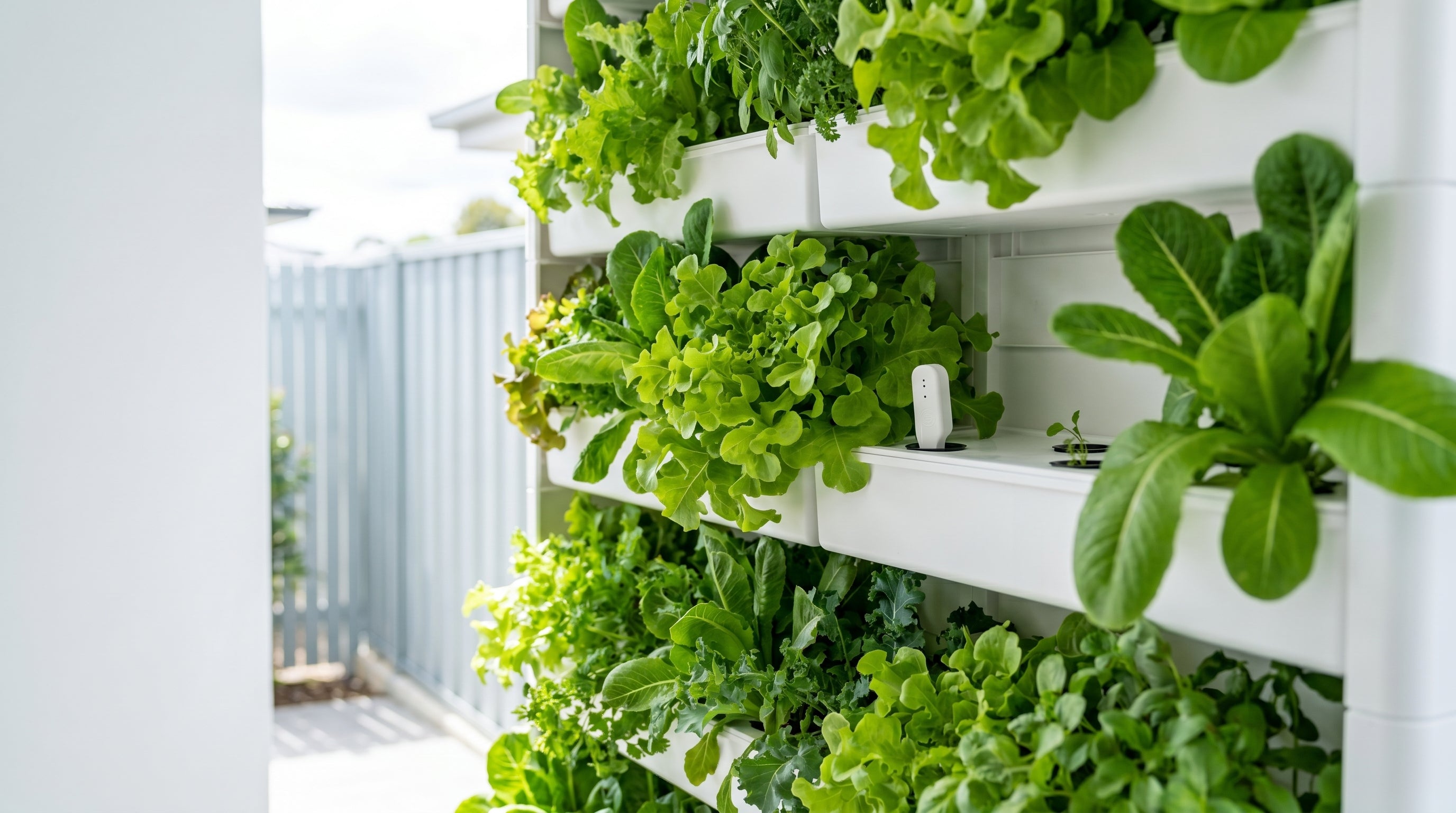 Modern outdoor hydroponic vertical garden with overflowing leafy greens
